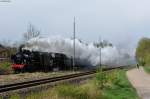 38 1301 und 01 1533 mit dem Sonderzug vom Dampfloktreffen in Dresden auf dem Rückweg nach Österreich bei Klardorf, 14.04.2014