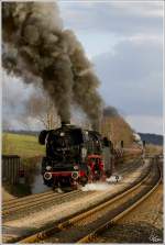 Das Grande Finale beim Plandampf im Werratal 2013, gab es bei der Ausfahrt des 2700 t schweren Gterzuges in Marksuhl. Am Zug die drei Dampfloks, 44 1486 als Vorspann, 44 2546 als Zuglok und als Schiebelok die 41 1144. 
13.04.2013