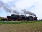 09.05.2009   Schotterzug Flechtingen-Stafurt    BR44 1486 und BR52 8184 zogen rund 25 Flachwagen der PBSV-Verkehrs GmbH Beladen mit Schotter  Hier zwischen Gro Ammensleben und Meitzendorf / hhe