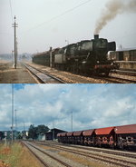 Die Donautalbahn einst & jetzt: Auf dem oberen Bild ist die Ulmer 052 203-1 an einem regnerischen Dezembermorgen 1975 gerade aus Sigmaringendorf kommend in Mengen eingetroffen, oben der gleiche Blick