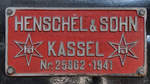 Typenschild an der Dampflokomotive 50 778, welche Anfang Juni 2019 im Lokschuppen des Bayerischen Eisenbahnmuseums Nördlingen stand.