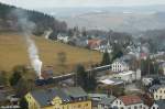 50 3648 steht bei ihrer Abschiedsfahrt im Bahnhof Markersbach zur Bahnfahrt nach Schlettau bereit.