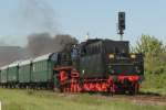 50 3708 mit einem Sonderzug auf der Fahrt von Blankenburg/Harz nach Halberstadt-Spiegelsberge; 10.05.08