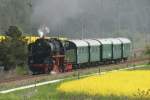 50 3708 mit einem Sonderzug auf der Fahrt von Halberstadt-Spiegelsberge nach Blankenburg/Harz; 10.05.08