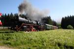 50 3616-5 ist mit dem VSE Museumszug am 23.05.09 zwischen Walthersdorf und Sehma unterwegs. Hier am Bahnhbergang eines Waldweges.