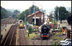 Bahnhofsfest am 26.6.1993 in Sinsheim: Blick auf das ehemalige BW mit Lok 503673, welches zu diesem Zeitpunkt Domizil der Eisenbahnfreunde Kraichgau war.