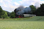 52 1360-8 zieht am 06.06.2022 einen Sonderzug von Frankfurt-Höchst zum Bahnhofsfest nach Königstein und dampft hier gerade zwischen Kelkheim und Schneidhain die Steigung hinauf.