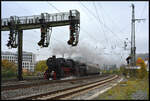 Mit Volldampf und dem Sonderzug DPE 11788 fährt EFZ 52 7596 unter der Signalbrücke Ost in Würzburg hindurch nach Neuenmarkt-Wirsberg ins Deutsche Dampflokomotivmuseum.