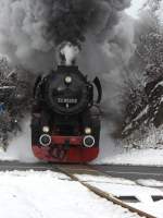 52 8029-2 passiert am 13.12.08 mit dem Sonderzug aus Berlin dem Einschnitt kur vor dem Bahnhof Scharfenstein.