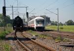 Im Bahnhof Niemberg kam es am 05.06.2010 zu einer berholung des Leipziger Museumszuges mit 52 8154-8 durch IC 2046 nach Kln.