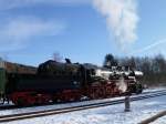 52 8131-6 ist am 11.12.11 mit einem Sonderzug von Nossen nach Johanngeorgenstadt unterwegs, hier im Bahnhof Johanngeorgenstadt.