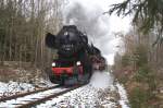 03.04.2015, 52 8131-6, Osterfahrten auf der Zellwaldbahn zwischen Nossen und Freiberg (Sachs.) - hier im Wald zwischen dem HP Altzella und dem HP Zellwald