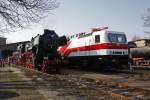 Die in der vorbergehenden Farbgebung der als  Weien Lady  bekannten 243 001-5(212 001-2) gestaltete Museumslokomotive 143 117 war einer der Hingucker zu den 9.Leipziger Eisenbahntagen des EMBB Leipzig am 17.03.2012. Hier zu sehen, neben der vereinseigenen 52 8154-8 die fr Fhrerstandsmitfahrten zur Verfgung stand. 