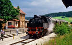 EFZ-Dampflok 64 289 bei einer Plandampffahrt auf den Gleisen der Hohenzollerischen Landesbahn,  22.07.1987