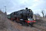 Dampflokomotive 95 027 auf der Rbelandbahn unterwegs als Winter-Wander-Express, hier zwischen dem Bahnhof Michaelstein und Blankenburg (25.