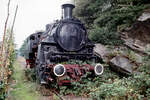 Schon überwuchert steht die Zahnradlok 97 501 am 21.03.1983 am ehemaligen Bahnhof Obernzell.