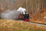 Scheinanfahrt von 99 7232 mit IG HSB-Sonder-PmG am Mittag des 25.02.2017 kurz vor dem Haltepunkt Netzkater.