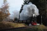 Am 31.10.2009 nimmt 99 7237 den Weg von Drei Annen Hohne zum Brocken in Angriff.