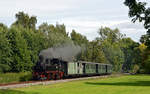 99 574 passiert am 10.09.17 mit ihrem Personenzug von Mügeln nach Glossen den Park in Altmügeln.