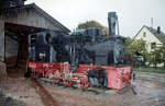 99 7202 am 24.10.1982 als Denkmallokomotive in Mudau, dem Endpunkt der früheren Schmalspurstrecke Mosbach/Mudau.