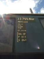Beschriftung an einem Reisezugwagen der Bauart AB4yse (ABy 048).Der Wagen steht im DB-Museum Koblenz. 2.8.08 