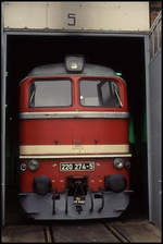 220274 lugt am 6.5.1993 aus dem Rundschuppen des BW Arnstadt.
