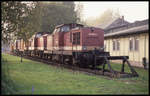 Abgestellte Diesel Lokomotiven am 6.10.1992 im BW Hoyerswerda. Vorne ist 201013 zu sehen.