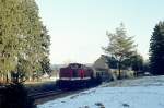 Aus dem Dia-Archiv: 110 018 + 8669 nach Abfahrt am Hp Lssau an der Strecke Schnberg (Vogtl.) - Schleiz, damals noch als KBS474 im Kursbuch der DR bezeichnet. (31.01.1991) 