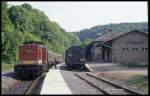 Blick am 22.6.1991 um 8.58 Uhr in den Bahnhof Stolberg am Südharz.