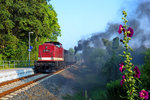 Mit einem symbolischen Blumenstrauss verabschiedet sich der Sonderzug mit der Zuglok 91 134 und der Schlusslok 112 707 vom  Hp Ueckermünde.