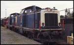 Zwei ehemalige DB Dieselloks der Reihe 211 sind vom Kanal Tunnelbau zurück und stehen hier am 29.8.1993 auf dem Abstellgleis in Celle. Vorn ist die Nr. 27 der TTG ex DB 211062 zu sehen.
