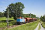212 311 der Nordbayerischen Eisenbahngesellschaft (NbE) ist mit einem Schotterzug nahe Polling nach Mittenwald unterwegs (Aufnahmedatum: 15.06.2011)