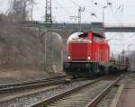 212 310-7 erreicht mit ein paar leeren 6-achsigen Flachwagen aus Kassel kommend den Bahnhof Eichenberg. Aufgenommen am 04.03.2012.