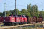 Die Loks „Diana“ und „Marion  der Rennsteigbahn stehen mit einem sehr kurzen Holzzug abfahrbereit auf dem Bahnhof Bergen auf Rügen in Richtung Stralsund.