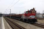 V150.05 BBL04 (214 013-5) mit Fakks Ganzzug von Wiebe in Rathenow in Richtung Stendal unterwegs. 25.03.2011