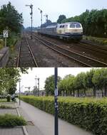 Die Bahnstrecke von Krefeld nach Kleve einst & jetzt: Einiges getan hat sich im Bahnhof Kevelaer zwischen den beiden Aufnahmen vom Sommer 1992 mit der nach Kleve ausfahrenden 215 013-4 und dem Blick