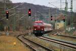 Eiskalter Nordwind, der die Belohnung heran trug: Weser Ems Eisenbahn 216 158 mit 5 Wagen aus Mukran hier zu sehen bei der Durchfahrt in Lietzow.