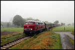 Als Aushilfe für die noch nicht fertige Dampflok 78468 war am 29.09.2024 die Lollo V 160002 vor dem Teutoexpress im Einsatz auf der Teutoburger Wald Eisenbahn. An diesem Tag standen bei Eisenbahn Tradition Pendelfahrten zwischen Lengerich und Bad Laer auf dem Programm. Bei der ersten Tour herrschte teilweise noch dichter Nebel. Aber auch der hat so seinen Reiz, wie ich meine. In der Bauernschaft Lienen - Büggelieht hielt ich den Zug um 10.28 Uhr auf der Fahrt nach Bad Laer im Bild fest.