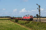 218 366 und 218 344 fahren mit einem Sylt-Shuttle bei Lehnshallig in Richtung Niebüll, aufgenommen am 13.