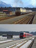 Auch im Bahnhof Langenwang, den oben 218 410-9 im April 1982 und darunter am 28.02.2023 ein 633-Doppel mit 633 030 am Schluss verlassen, hat sich in den vergangenen Jahrzehnten - sieht man einmal von