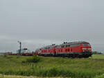 Die Diesellokomotiven 218 379-6 und 218 397-8 sind hier im Juni 2024 mit einem SyltShuttle bei Niebüll zu sehen.