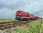 Der von den Diesellokomotiven 218 321-8 und 218 307-7 gezogene SyltShuttle-Zug ist hier kurz vor dem Hindenburgdamm zu sehen.