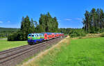 218 443 mit einem RE2 am 15.07.2024 bei Pechbrunn.