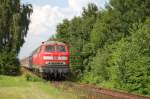 Durch die Vegetation der Gleise des Bahnhofes von Dettingen kmpft sich am 2.7.2009 die in Vertretung fr ein 650er-Doppel eingesetzte 218 196-4 mit RB 13969.