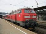 Am 14.08.2010 ist gerade 218 406-7 mit ihrem RE aus Lindau in den Ulmer HBF eingefahren.