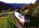 Im letzten Licht des 29.05.1996 rollt 218 217 bei Alfalter mit Zug 43178 auf Nrnberg zu.