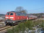 218 412 verlsst am 30.1.11 mit Hunsrckbahn RB 10668 den Hp Ehr.
