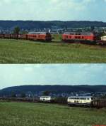 Zwei Zge und vier Lokomotiven: Begegnung von zwei mit BR 218 bespannten Gterzgen in der Nhe von Neukirchen bei Sulzbach-Rosenberg, nachgeschoben wurden die Zge von zwei Lokomotiven der BR 217 (Juli 1985)