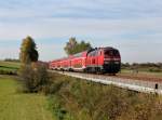 Die 218 444 mit einem RE nach Mhldorf am 26.10.2013 unterwegs bei Weidenbach.