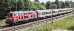 218 430-7 mit einem recht kurzen Zug aus drei ÖBB-Wagen am 10.06.2014 bei Pleinting in Richtung Straubing

Hersteller: Krupp
Fabriknummer: 5396
Abnahmedatum: 14.08.1978
Erst-Bw: Lübeck
Heimat-Bw z.Z.d. Aufnahme: Mühldorf
weitere Beheimatungen: Kempten, Trier, Chemnitz
UIC-Nr.: 92 80 1218 430-7 D-DB
Betreibernr. z.Z.d. Aufnahme: 218 430-7
Eigentümer z.Z.d. Aufnahme: DB Regio
Radsatzfolge: B'B'
Vmax (km/h): 140
Dienstmasse (t): 79
Radsatzfahrmasse max. (t): 20
LüP (mm): 16.400